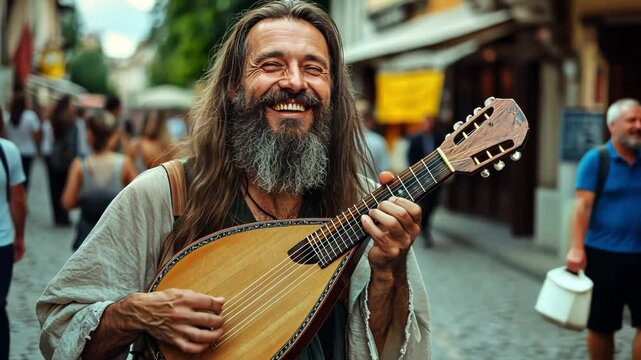 A joyful musician playing a mandolin in a lively outdoor setting.