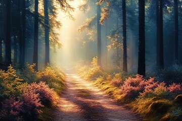 Obraz premium Ethereal Forest Trail with Vibrant Colors and Soft Light Through Autumn Foliage