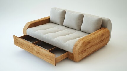 Obraz premium Modern sofa with wooden frame and storage drawers. Perfect for minimalist interior design showcasing functionality and style.