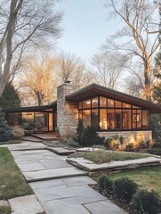Fototapeta premium A mid-century modern home with a flat roof, geometric design elements, and a stone-covered facade.