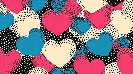 Retro Ben-Day dot hearts in pink, blue, and black, seamless bold graphic design.