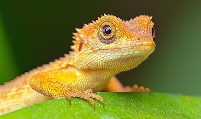 Obraz premium Orange lizard on green leaf, closeup, nature background