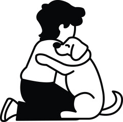 A black and white drawing of a boy hugging a dog
