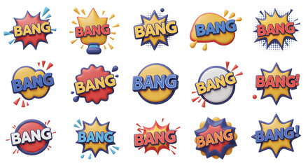 Cartoon 3D Bang Comic Effects Pack Download isolated on white background. Generative AI