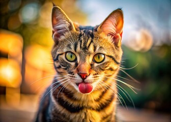 Fototapeta premium Adorable Striped Cat Licking Lips After Meal - Happy Feline Outdoors in Low Light
