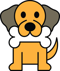 A cartoon dog is holding a bone in its mouth