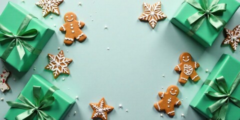 A Festive Arrangement of Peppermint Green Presents and Sweet Gingerbread Cookies on a Pastel Background