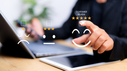 Customer review satisfaction feedback survey concept. Customer can evaluate quality of service leading to reputation ranking of business.