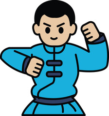 A cartoonish drawing of a man in a blue outfit with his hands in the air