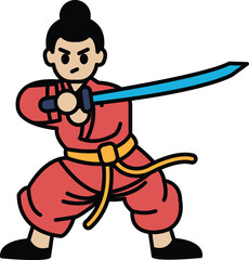 A cartoonish drawing of a man in a red outfit holding a sword