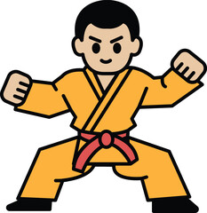 A cartoonish drawing of a man in a yellow karate uniform with red belt