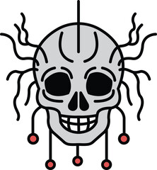 A skull with red beads hanging from it