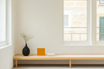Fototapeta premium Modern interior design featuring minimalist decor with vase and geometric shapes