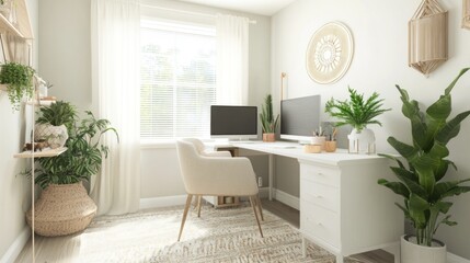 Bright airy workspace with white desk neutral tones natural light and indoor plants creates a serene work environment