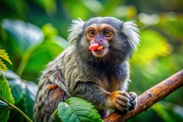 Adorable Tiny Marmoset Monkey on Branch, Curious Expression, Wildlife Photography