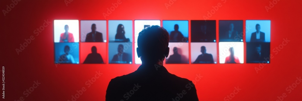 Aufkleber minimalist digital workspace backlit silhouettes in virtual meeting on laptop - dynamic remote team 