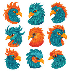 Vector collection of colorful bird portraits. Set of parrot heads in cartoon fantasy style. Hand drawn macaws