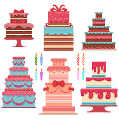 Vector festive set of cakes and candles in flat style. Collection of baked pies with different decorations. Cake creator. Wedding and birthday cakes