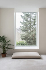 Obraz premium Minimalist interior with large window and natural light illuminating a tranquil space