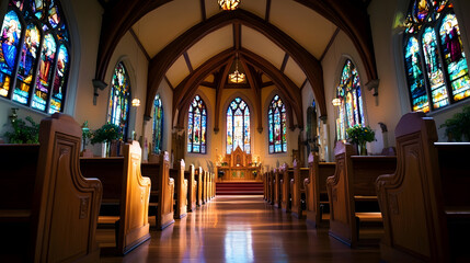 Stained Glass Windows Illuminate Majestic Church Interior : Generative AI