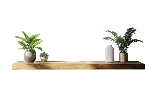 Stylish wooden shelf adorned with lush plants and modern decor in a bright, minimalist setting