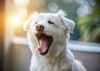 Adorable White Dog Yawning, Eyes Closed, Copy Space Left - Stock Photo