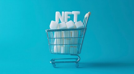 Reverse text NFT made from white sugar cubes in a shopping basket on a blue background.
