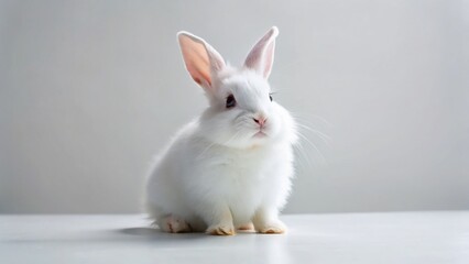 Fototapeta premium Adorable White Rabbit Posing on Clean Surface - High-Resolution Drone Photography Stock Image