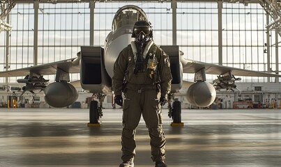 Pilot in flight suit stands in hangar with fighter jet
