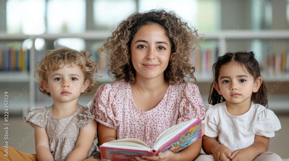Poster bright learning spaces diverse literacy circle with kids and educator in modern library early educat