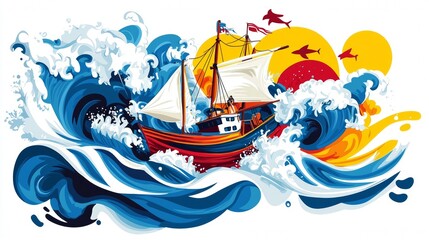 Naklejka premium Colorful sailing ship rides vibrant waves under a bright sunset