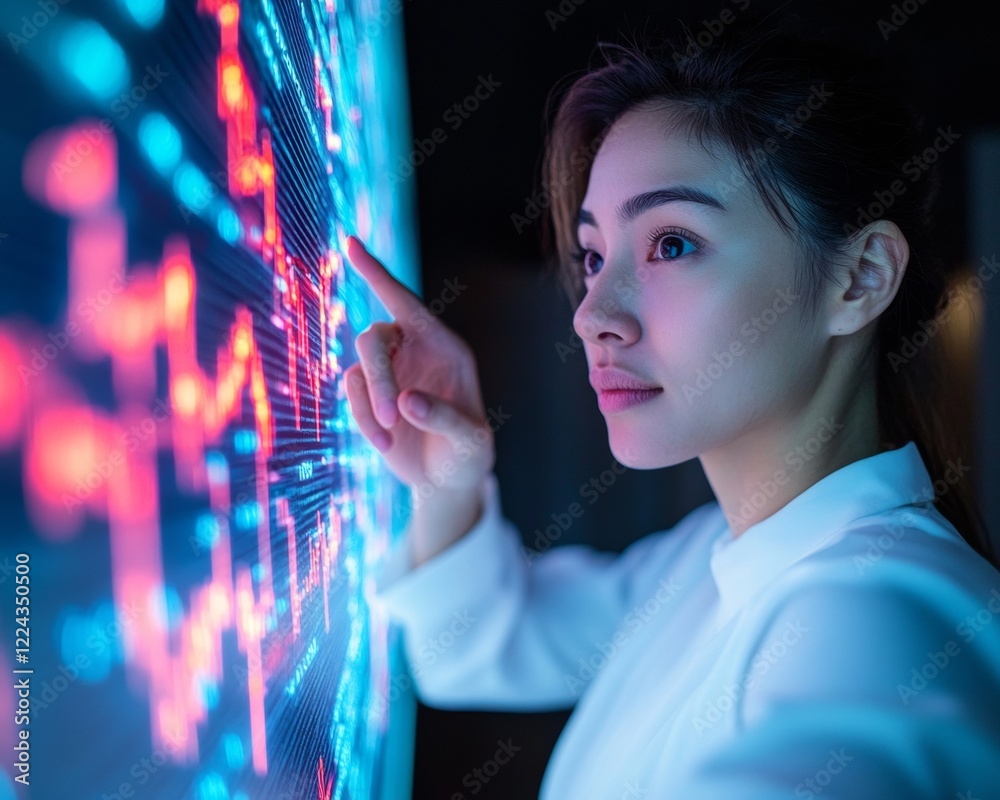 Fototapete Contemporary Crypto Collaboration Diverse Team Analyzing Digital Assets on High-Tech Display - Modern Fintech Workspace with Soft Lighting for Enhanced Financial Strategy and Innovation