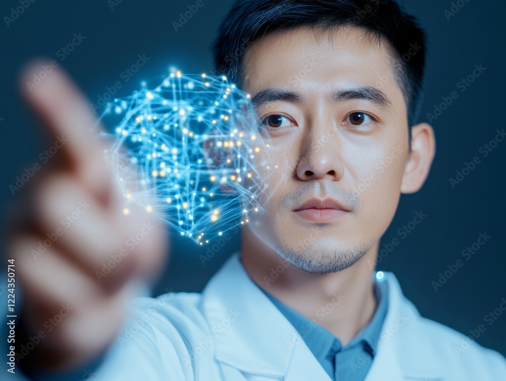 Poster Futuristic Innovation Showcase Asian Male Innovator in Lab Coat Engages with Holographic Design - Tech and Business Solutions for Cutting-edge Enterprise Applications