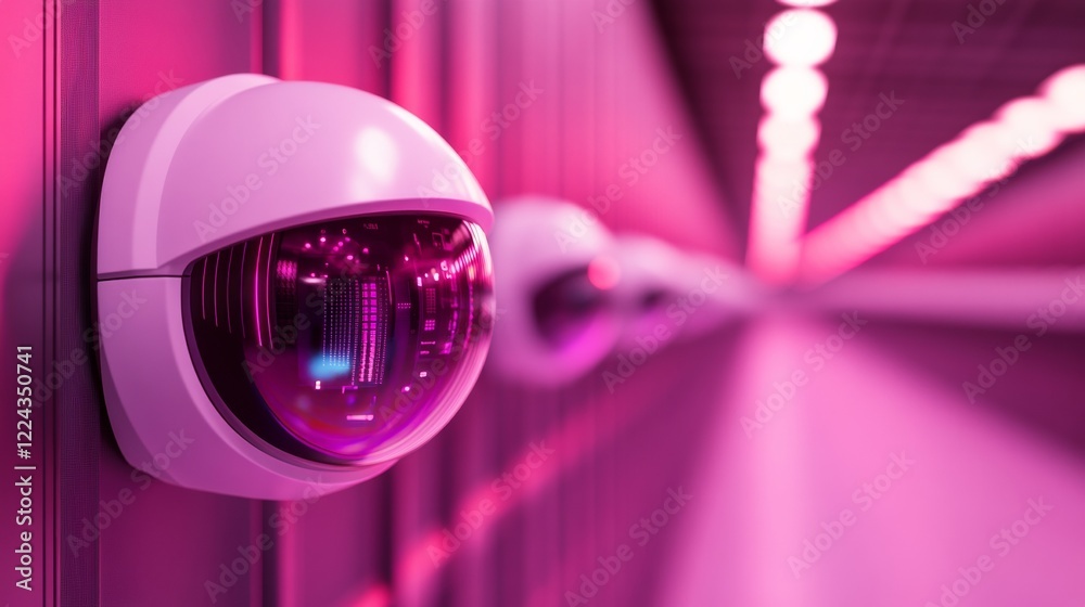 Poster futuristic data center security sleek pink camera domes over tech-enhanced server room - commercial 