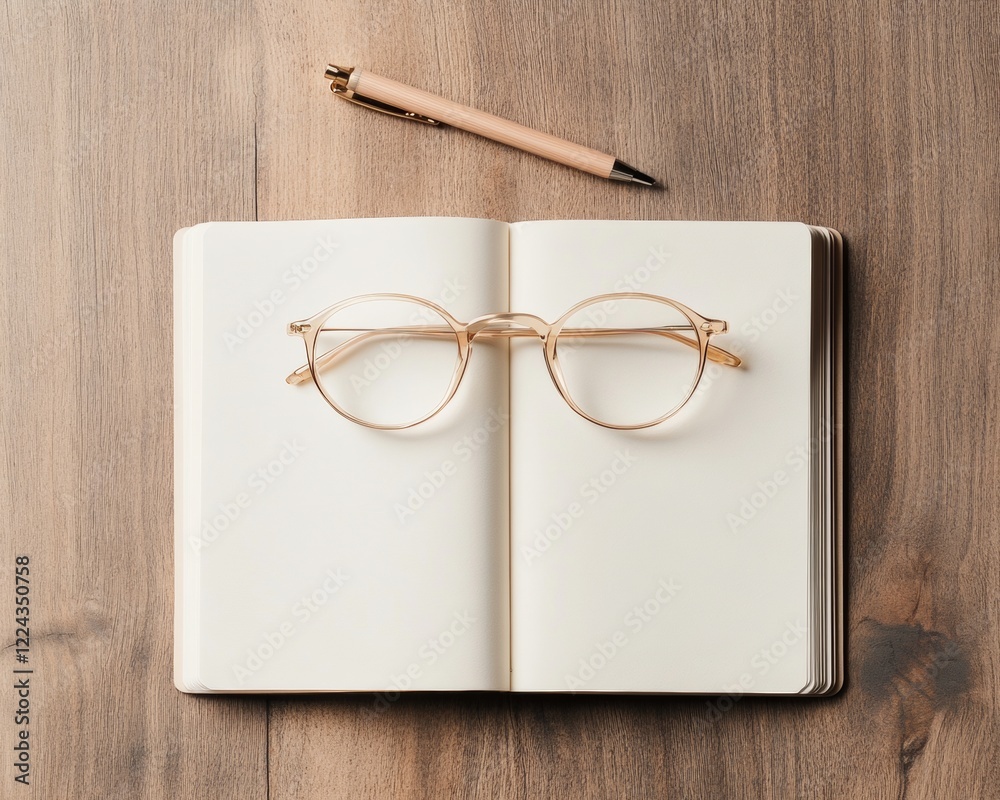Aufkleber visual storytelling inspiration minimalist writers flat lay with glasses on open book and wooden bac