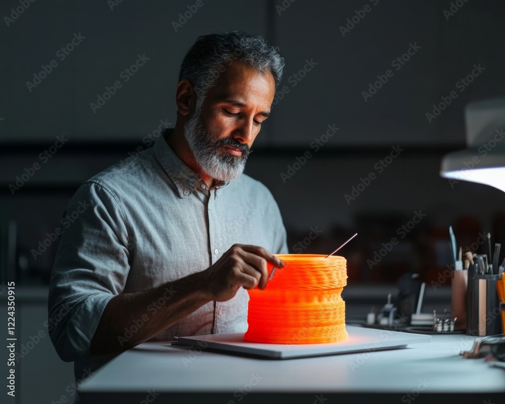 Aufkleber industrial tech vision indian man in early 40s skillfully handling vibrant orange print with metal s