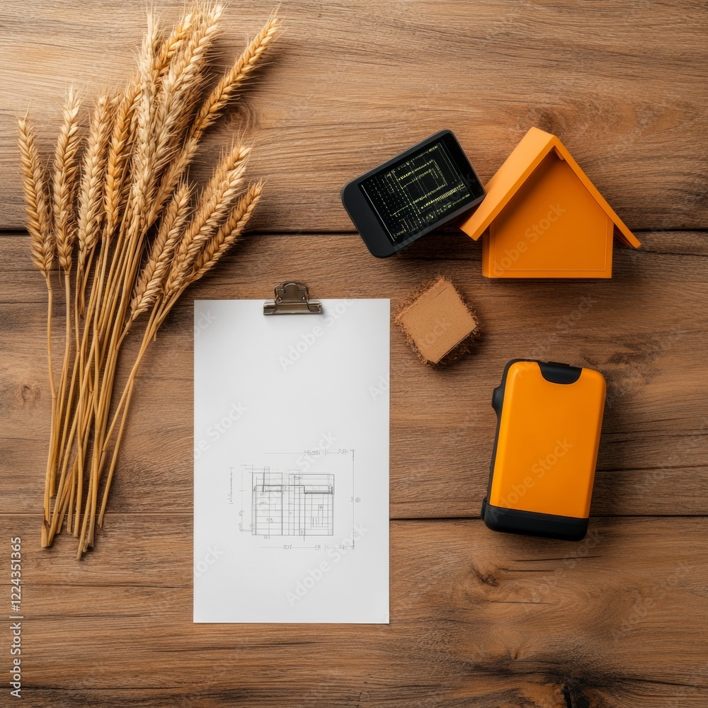 Poster Rustic Tech in Smart Farming High-Tech Devices and Wheat on Wooden Canvas - Innovating Agro Industry with Sustainable Data-Driven Solutions