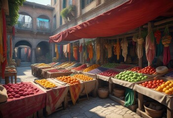 Ancient Roman market stalls with colorful fabrics and produce, commerce, stalls