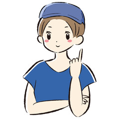 作業着の女性が指をさしているイラスト