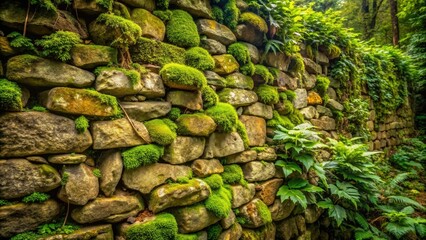 Fototapeta premium Ancient stone wall with overgrown vegetation and moss covered stones, rustic, garden, crumbling, foliage, wall