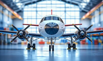 Propeller plane in hangar, front view, ready for takeoff, aviation background