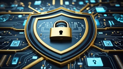 Digital shield with a gold padlock in the center