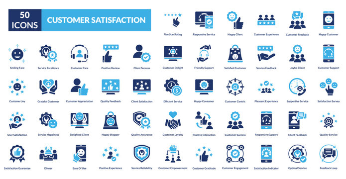 customer satisfaction fill icon set collection. Happy Customer, Customer Support, Satisfaction Survey, Quality Service, Feedback Loop, Five Star Rating, Responsive Service, Customer Experience