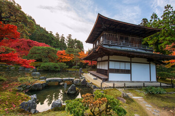 Silver Pavilion of Ginkakuji temple with autumn foliage leaves, Kyoto