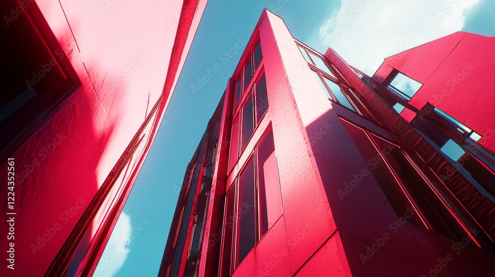 Poster gazing upwards reveals a captivating tall structure with large windows, brilliantly illuminated by s