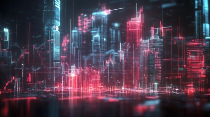 Fototapeta premium A digital collage of financial charts and graphs, overlaid with images of corporate buildings or cityscapes