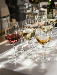 Assorted wineglasses with different wines lined up neatly on a white table, sommelier recommendation, occassion.