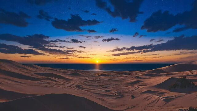 Sunset over Desert Beach with Starry Sky