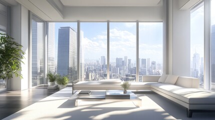 Fototapeta premium Modern hotel suite living area with panoramic city view and sleek furniture, bright and airy