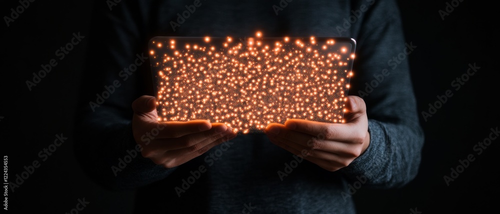Poster Futuristic Digital Interface Illuminated Tablet in Hands - Innovative Technology Solutions for Modern Business and Marketing Strategies